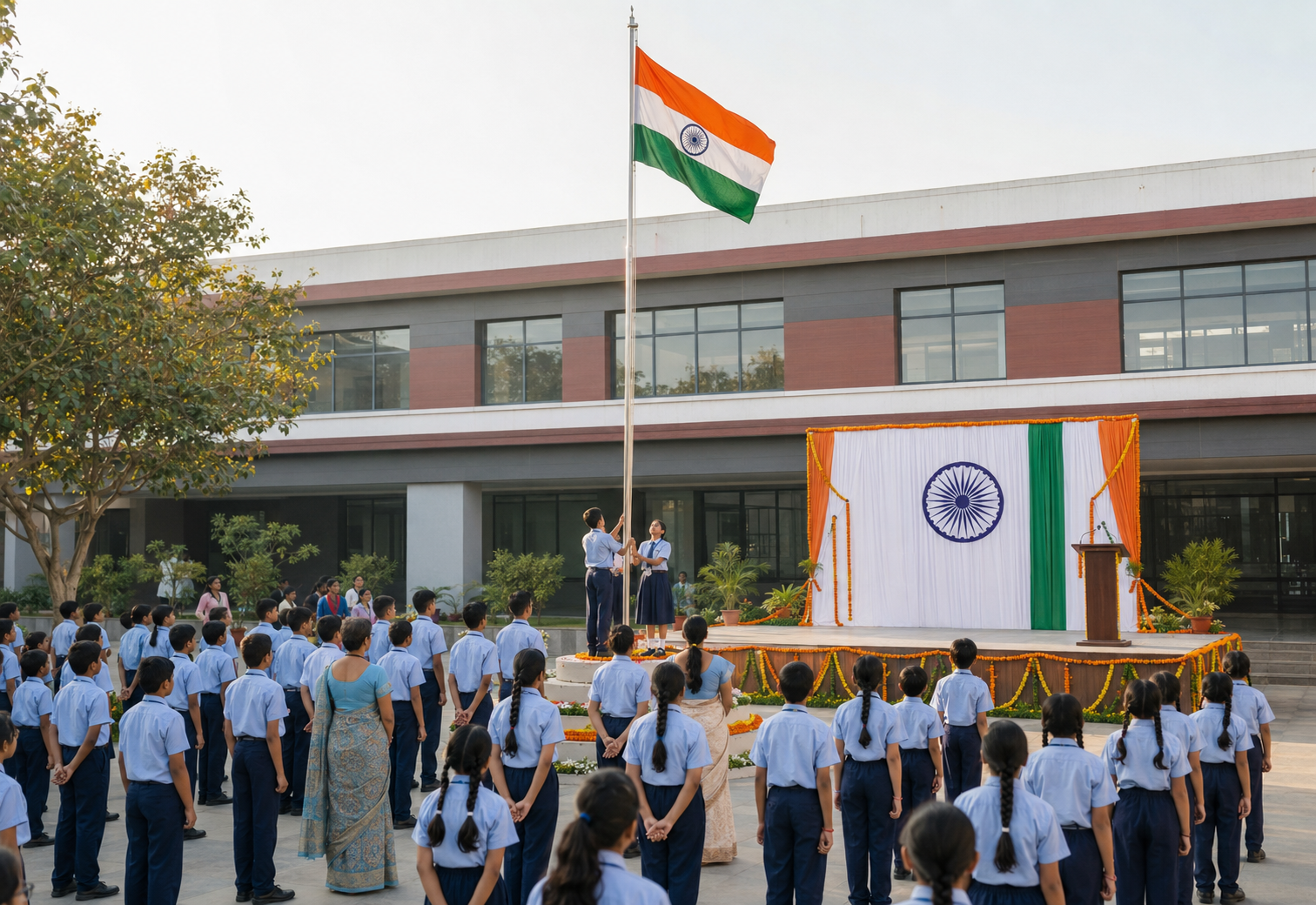 Students gathered for an Independence Day flag-hoisting celebration at school